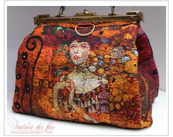 Sac de voyage femme, feutre artisanal,  soie, ocre, rouge, orange, noir "Week-end avec Klimt..."