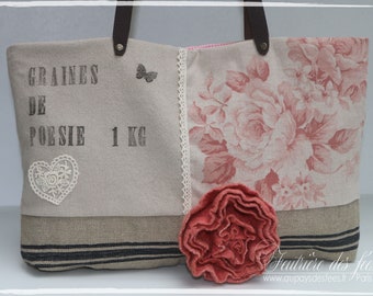 Tasche Beige und alte rosa Tasche aus Leinen, Filz und Seide, "Samen der Poesie"