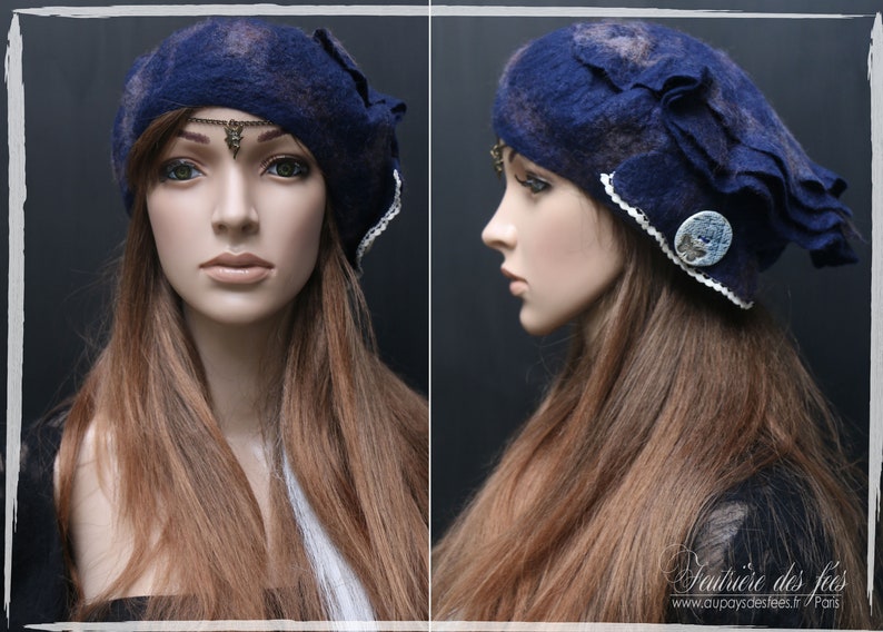 Béret femme bleu en feutre artisanal Ariane image 3