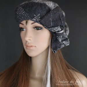 Woman, grey, black beret, handmade felt, silk "Louise"