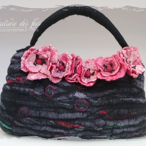 Grey, black, pink and green bag in handmade felt and silk &quot;Flowering&quot;