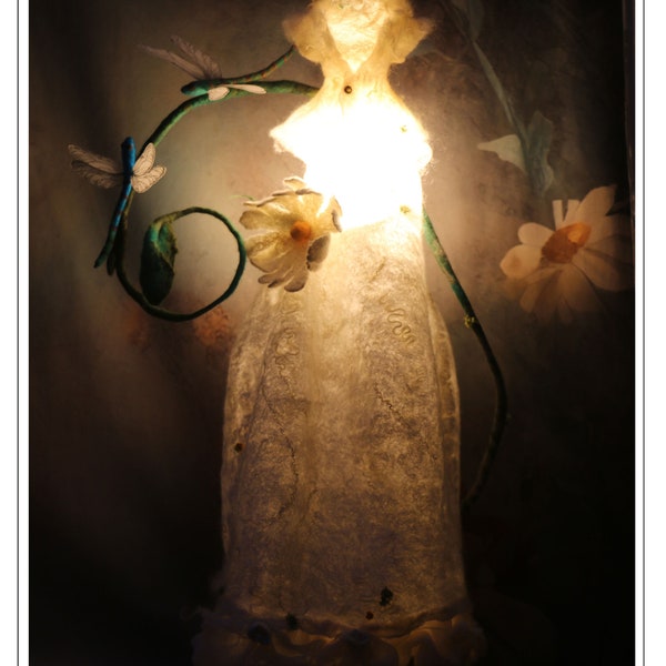 Handmade felt dress lamp, off-white, green, turquoise, yellow “Conte de la Mare au Fées”