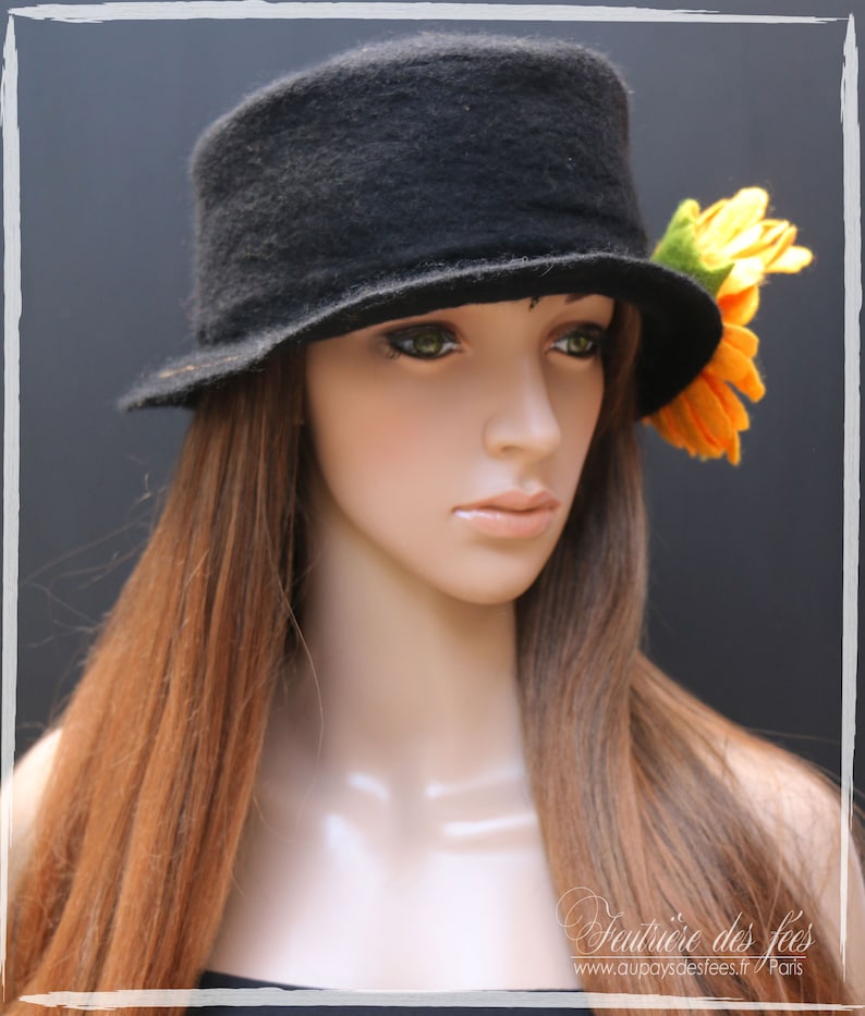 yellow and green women/'s hat in handmade felt and Tournesol silk Black