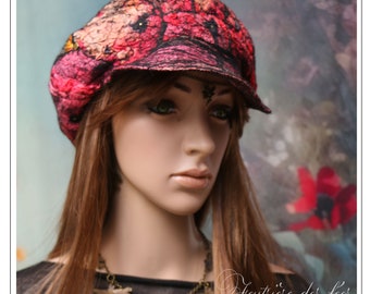 Casquette femme noire, ocre, rouge, vert feutre artisanal,  soie "Lili en Klimterie"