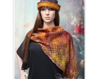 Mini Poncho femme ocre, tilleul et prune en feutre artisanal et soie "Amara"