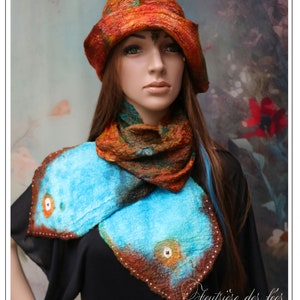 Turquoise-orange brown felt and silk stash scarf – &quot;Morpheus&quot; with secret pocket