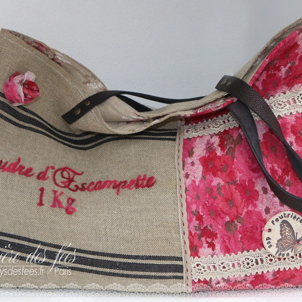 Sac Cabas beige, rose et noir, en lin, feutre et soie, "Poudre d'escampette 1 kg"