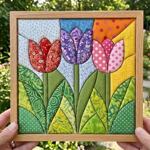 May include: A square fabric wall art piece in a light wood frame featuring three dimensional tulips. The flowers are red floral, purple floral, and pink polka dot fabric. The background consists of blue and orange patterned fabric patches.