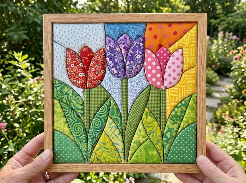 May include: A square fabric wall art piece in a light wood frame featuring three dimensional tulips. The flowers are red floral, purple floral, and pink polka dot fabric. The background consists of blue and orange patterned fabric patches.