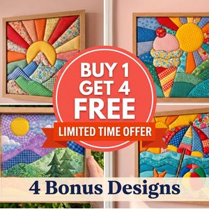 May include: Four square framed fabric wall art pieces featuring colorful quilted patchwork designs of a sunrise, an ice cream cone, a mountain landscape with trees, and a beach scene with an umbrella, all displayed with promotional text.