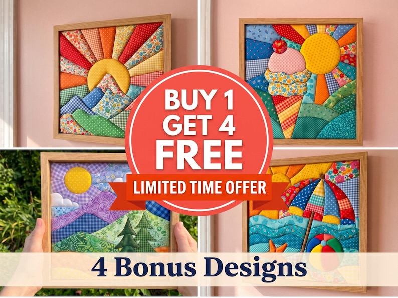 May include: Four square framed fabric wall art pieces featuring colorful quilted patchwork designs of a sunrise, an ice cream cone, a mountain landscape with trees, and a beach scene with an umbrella, all displayed with promotional text.