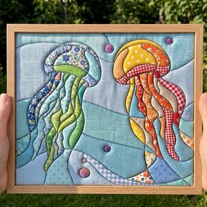 May include: A square framed fabric wall art piece featuring two quilted jellyfish appliqu&eacute;s. The left jellyfish is composed of blue, green, and floral patterned fabric patches. The right jellyfish features yellow, orange, and red checkered and floral fabric patches. The background is a light blue fabric with small circular fabric accents.