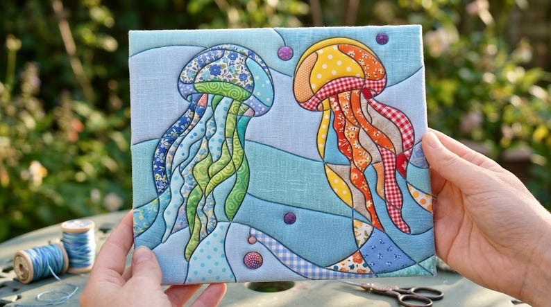 May include: A square fabric wall hanging featuring a quilted applique design of two jellyfish. The left jellyfish is blue and green with floral patterns, while the right one is yellow and orange with checkered and polka dot fabric patches.