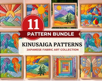 May include: A collection of eleven Kinusaiga fabric art patterns featuring colourful quilted designs including sunrises, mountains, jellyfish, and a butterfly. The text 11 PATTERN BUNDLE KINUSAIGA PATTERNS JAPANESE FABRIC ART COLLECTION is displayed.