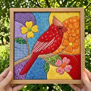 May include: A square fabric wall art piece in a light wood frame featuring a red cardinal bird perched on a branch. The design uses various patterned fabrics in red, yellow, orange, blue, and purple, with three dimensional fabric flowers.