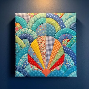 Op de afbeelding: Een vierkant wandkunstwerk met een levendig patchworkontwerp. De compositie bestaat uit concentrische halfronde bogen in verschillende tinten blauw, groen en geel, rondom een centraal waaiervormig motief met rode, oranje en gele stofsegmenten.