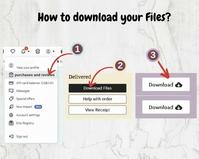 May include: An instructional graphic titled How to download your Files? showing three steps. Step 1 points to purchases and reviews in a menu. Step 2 points to a Download Files button. Step 3 points to two Download buttons with cloud icons.