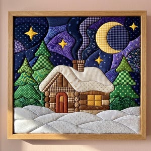 May include: A framed fabric wall art piece depicting a winter cabin scene. The cabin features brown log-style fabric, a white snow-covered roof, and a chimney. It is surrounded by green patterned pine trees, a dark blue night sky, and a yellow crescent moon.
