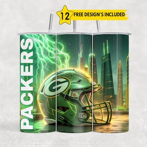 May include: A green and gold tumbler featuring a Green Bay Packers football helmet with a cityscape backdrop and lightning. The word "PACKERS" is printed vertically on the side. Includes a yellow star with the text "12 FREE DESIGN'S INCLUDED".
