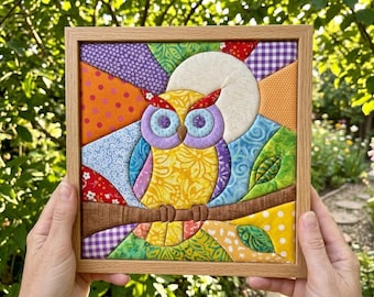 May include: A square framed fabric art piece featuring a colourful quilted owl perched on a brown branch. The owl has a yellow body, purple eyes, and red ear tufts, set against a background of geometric fabric patches in orange, blue, and green.