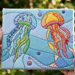 May include: A square fabric wall hanging featuring a quilted design of two jellyfish against a light blue background. The left jellyfish is composed of blue and green floral and patterned fabric, while the right one uses orange, yellow, and red plaid fabric.
