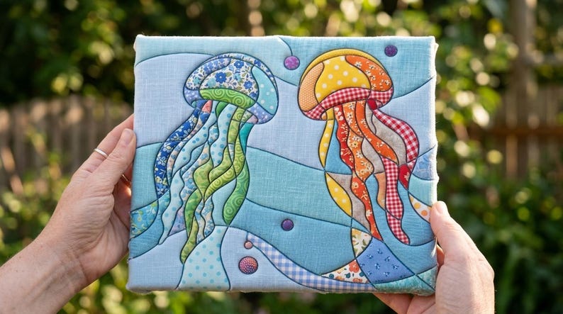 May include: A square fabric wall hanging featuring a quilted design of two jellyfish against a light blue background. The left jellyfish is composed of blue and green floral and patterned fabric, while the right one uses orange, yellow, and red plaid fabric.