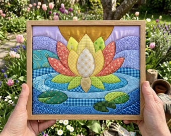 May include: A square fabric art piece framed in light wood, featuring a quilted lotus flower in shades of yellow, orange, and green. The background consists of layered blue and purple fabric waves with various patterns, including paisley and gingham.