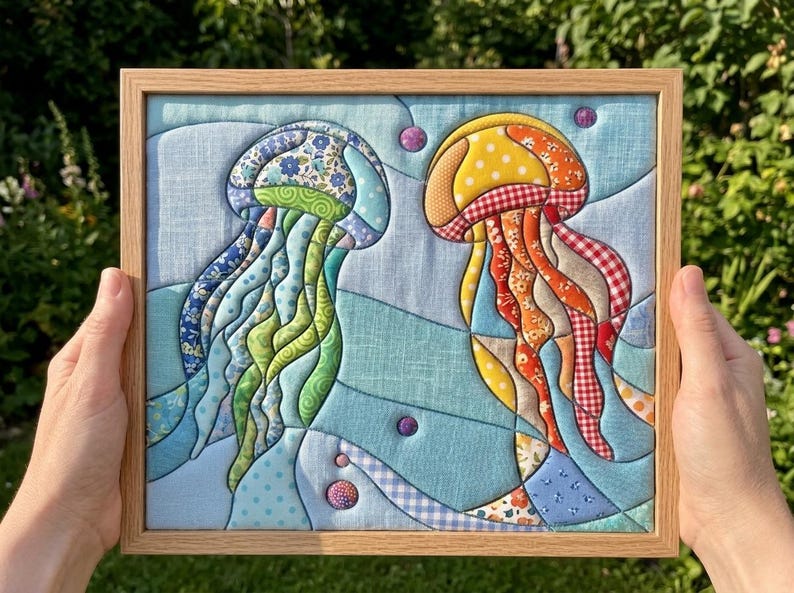 May include: A square framed fabric wall art piece featuring two quilted jellyfish appliqu&eacute;s. The left jellyfish is composed of blue, green, and floral patterned fabric patches. The right jellyfish features yellow, orange, and red checkered patterns.