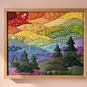 Modèle PDF Forêt Arc-en-ciel Kinusaiga | Mosaïque en tissu Paysage de Montagne et de Pins | Modèle PDF imprimable sans couture