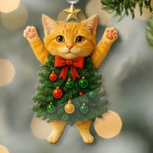 Ginger Cat Christmas Ornament, Funny Cat in Christmas Tree, Cute Kitten Ornament, Cat Lover Gift, Acrylic Ornament