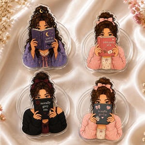 Custom Bookish Girlie Phone Grip, Personalized Hair & Eye Color, Romance Fantasy Kindle Reader Gift