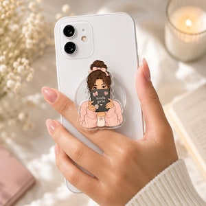 Custom Bookish Girlie Phone Grip, Personalized Hair & Eye Color, Romance Fantasy Kindle Reader Gift image 5