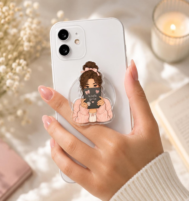 Custom Bookish Girlie Phone Grip, Personalized Hair & Eye Color, Romance Fantasy Kindle Reader Gift image 5