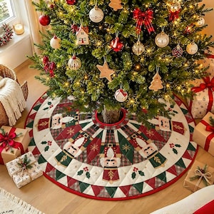 May include: A round, quilted Christmas tree skirt featuring a repeating pattern of nutcrackers, red and green plaid sections, and holly berry motifs. The skirt has a white border and is placed under a decorated tree with lights and ornaments.