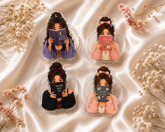 Custom Bookish Girlie Phone Grip, Personalized Hair & Eye Color, Romance Fantasy Kindle Reader Gift