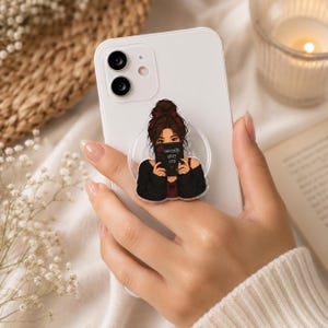 Custom Bookish Girlie Phone Grip, Personalized Hair & Eye Color, Romance Fantasy Kindle Reader Gift image 3