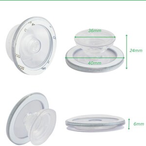 May include: A clear, circular magnetic phone grip with a collapsible design. The product is labeled CUSTOM SHAPE MAGNETIC PHONE GRIP. Dimensions shown include a 36mm top diameter, 40mm base diameter, 24mm extended height, and 6mm collapsed height.