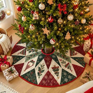 May include: A round, quilted Christmas tree skirt featuring a geometric star pattern in shades of red, dark green, and cream. The fabric displays printed motifs of holly leaves, berries, snowflakes, and plaid Christmas trees.