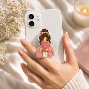 Custom Bookish Girlie Phone Grip, Personalized Hair & Eye Color, Romance Fantasy Kindle Reader Gift image 2