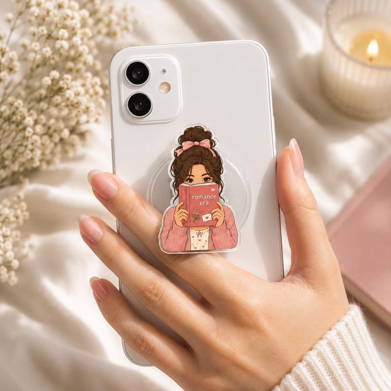 Custom Bookish Girlie Phone Grip, Personalized Hair & Eye Color, Romance Fantasy Kindle Reader Gift image 2