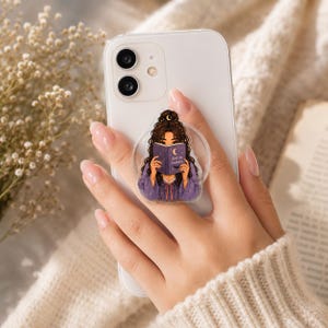 Custom Bookish Girlie Phone Grip, Personalized Hair & Eye Color, Romance Fantasy Kindle Reader Gift image 4