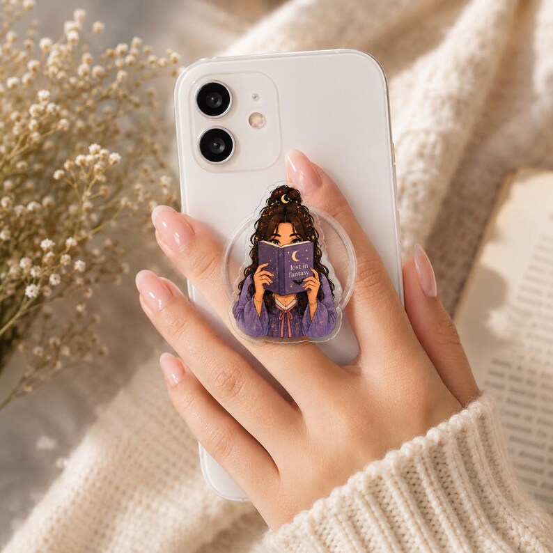 Custom Bookish Girlie Phone Grip, Personalized Hair & Eye Color, Romance Fantasy Kindle Reader Gift image 4