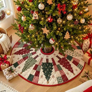 May include: A circular quilted Christmas tree skirt featuring a patchwork design of red, green, and cream panels. The fabric displays alternating patterns of solid colors, plaid, and printed evergreen trees with small gold star accents.