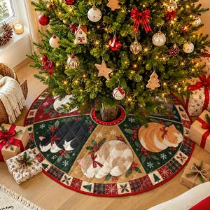 May include: A circular quilted Christmas tree skirt featuring a dark green, red, and tan patchwork design with illustrations of three sleeping cats wearing red bows, surrounded by holly leaves, snowflakes, and a plaid border.