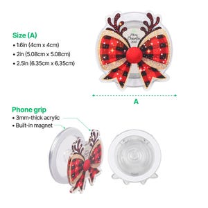 May include: A custom shape acrylic magnetic phone grip featuring a red and black buffalo plaid bow with reindeer antlers and the text Merry Christmas 2025. Available in sizes 1.6in, 2in, and 2.5in, the grip is 3mm thick and includes a built-in magnet.