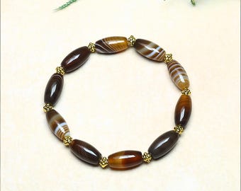 Natural Banded Agate Barrel Bead Bracelet: Earthy Boho Protection Talisman