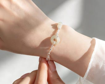 Green Nephrite Jade Peace Buckle Bracelet, Silver Beaded Protection Amulet, Zen Jewelry