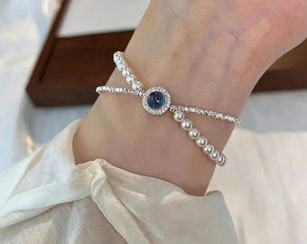 Personalized Photo Projection Bracelet, Aquamarine & Freshwater Pearl, Dainty Silver Nugget Chain, Memorial Picture Jewelry Gift for Her