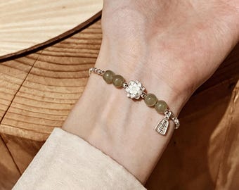 Handmade Vintage Lotus Bracelet with Natural Green Jade Beads, Retro Silver Charm Link Bracelet for Women, Healing Stone Jewelry, Zen Gift