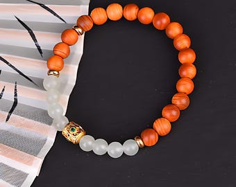 Aventurine Beaded Bracelet, Orange Wood Healing Crystal Yoga Jewelry for Men Women, Spiritual Mindfulness Meditation Gift for Her Him 6mm